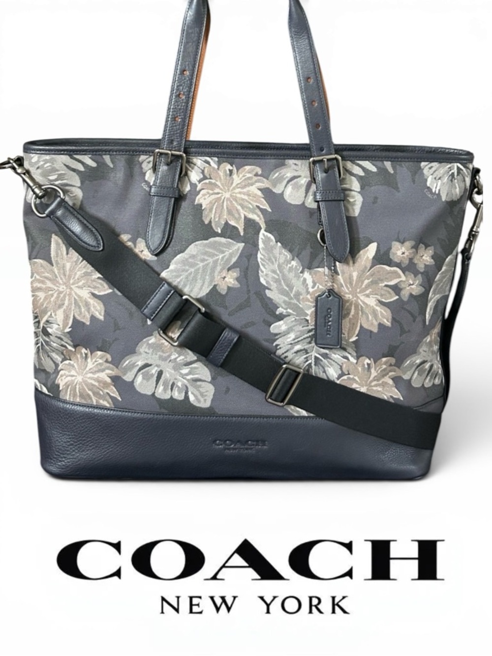 COACH Tropical Print Canvas w/Pebble Leather Trim Tote Bag w/Crossbody Strap
